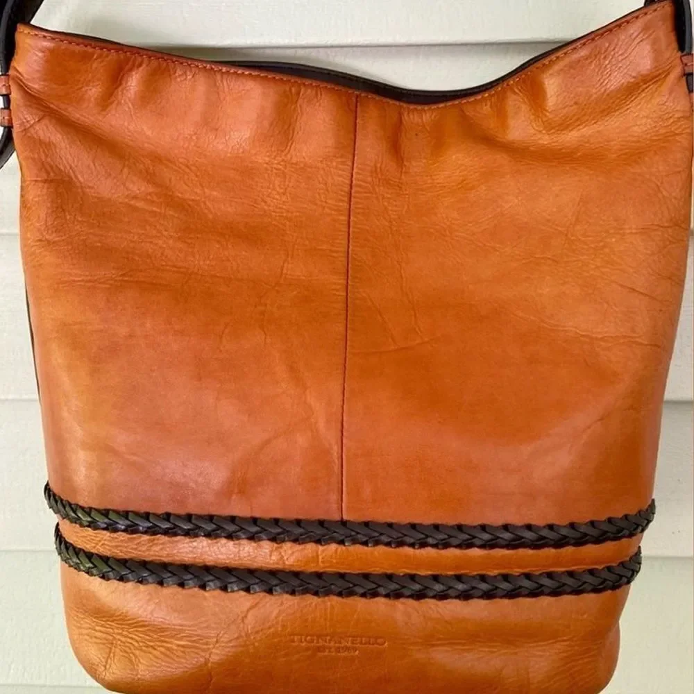 Tignanello Orangish Brown Leather Hobo Bag Purse Dark Brown Accents 13 X 13 In